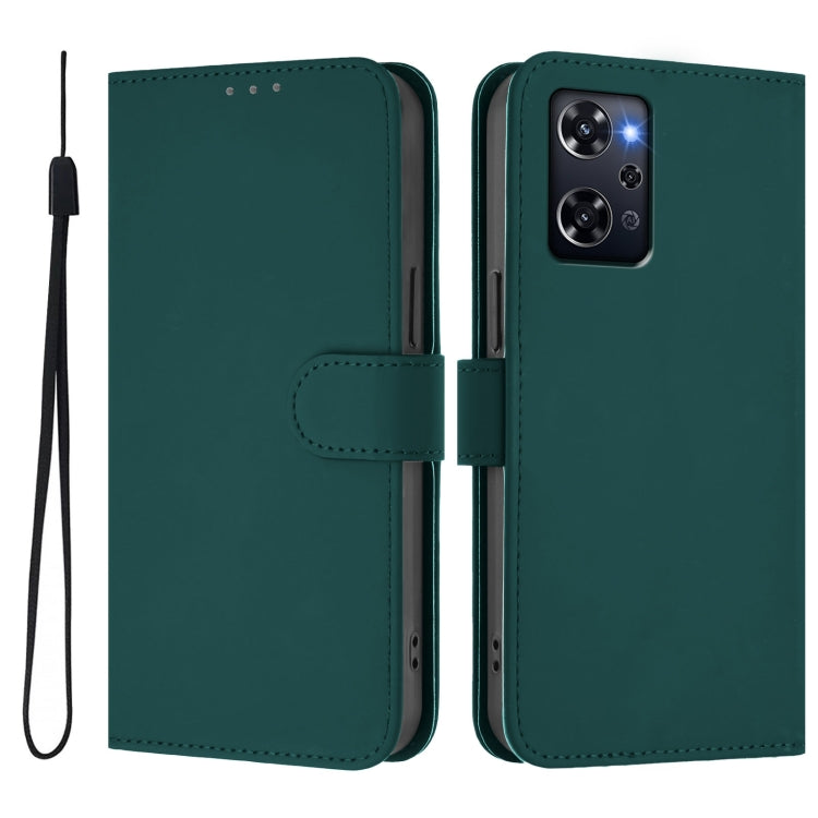 For OPPO Reno9 A Skin Feel Solid Color Leather Phone Case with Lanyard