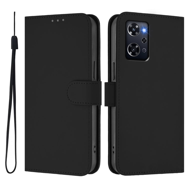 For OPPO Reno9 A Skin Feel Solid Color Leather Phone Case with Lanyard