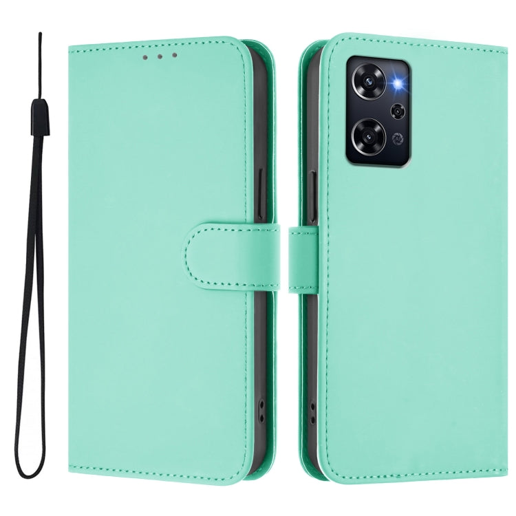 For OPPO Reno9 A Skin Feel Solid Color Leather Phone Case with Lanyard