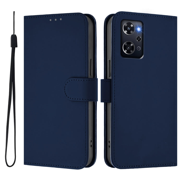 For OPPO Reno9 A Skin Feel Solid Color Leather Phone Case with Lanyard