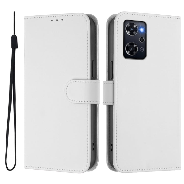For OPPO Reno9 A Skin Feel Solid Color Leather Phone Case with Lanyard