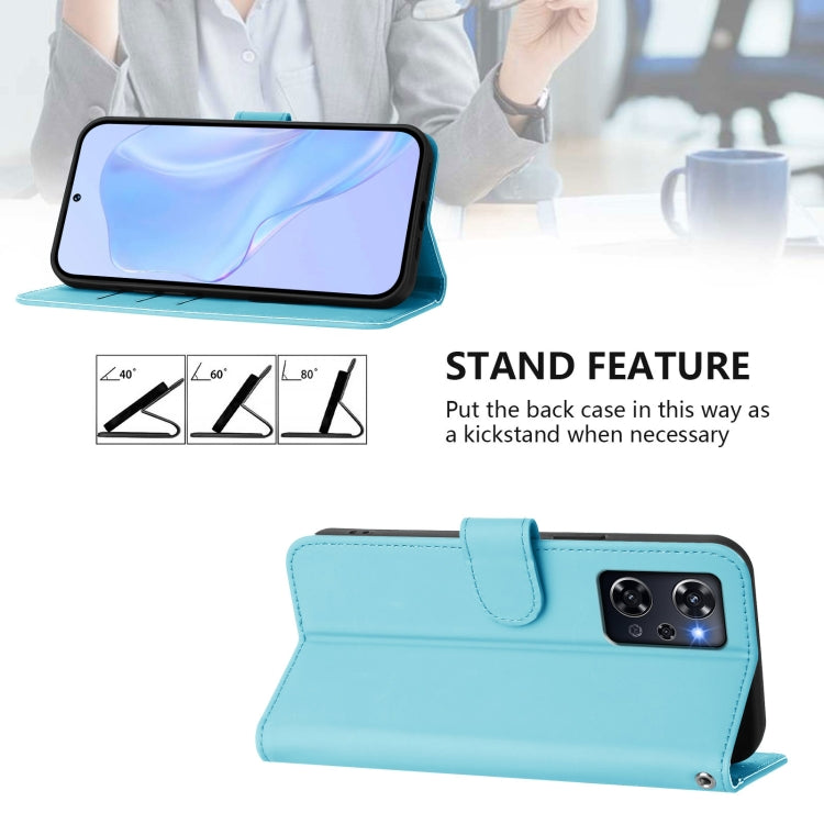 For OPPO Reno9 A Skin Feel Solid Color Leather Phone Case with Lanyard