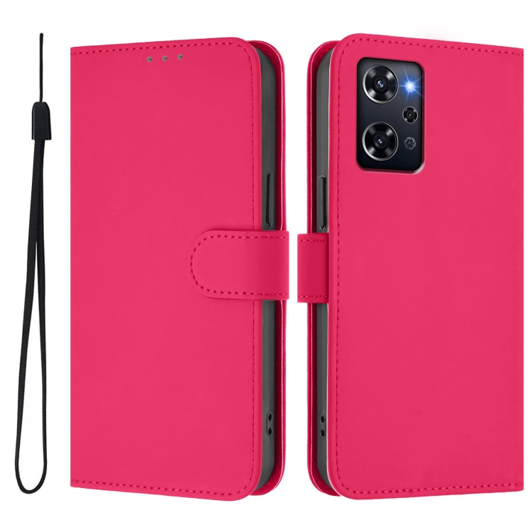 For OPPO Reno9 A Skin Feel Solid Color Leather Phone Case with Lanyard