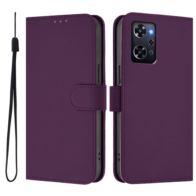 For OPPO Reno9 A Skin Feel Solid Color Leather Phone Case with Lanyard