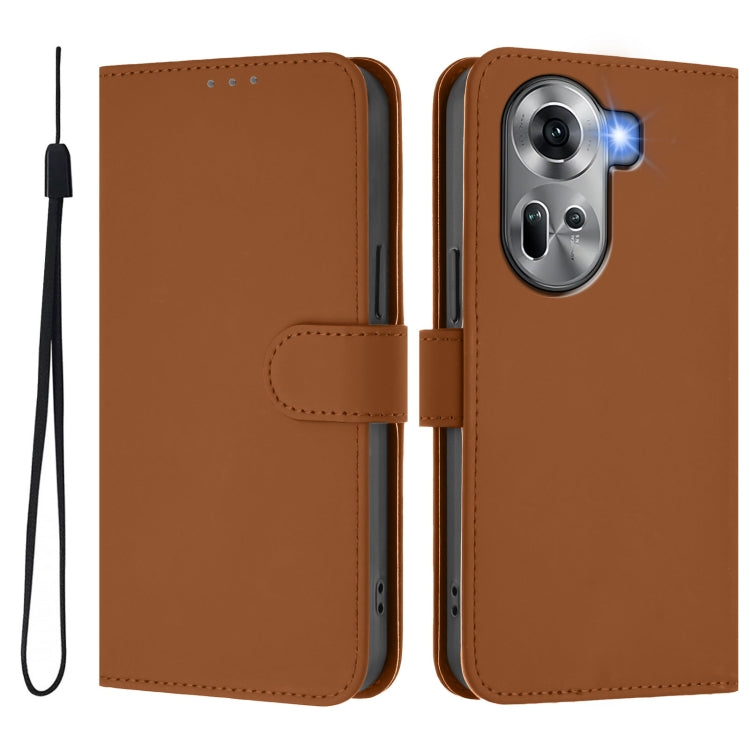 For OPPO Reno11 5G Global Skin Feel Solid Color Leather Phone Case with Lanyard