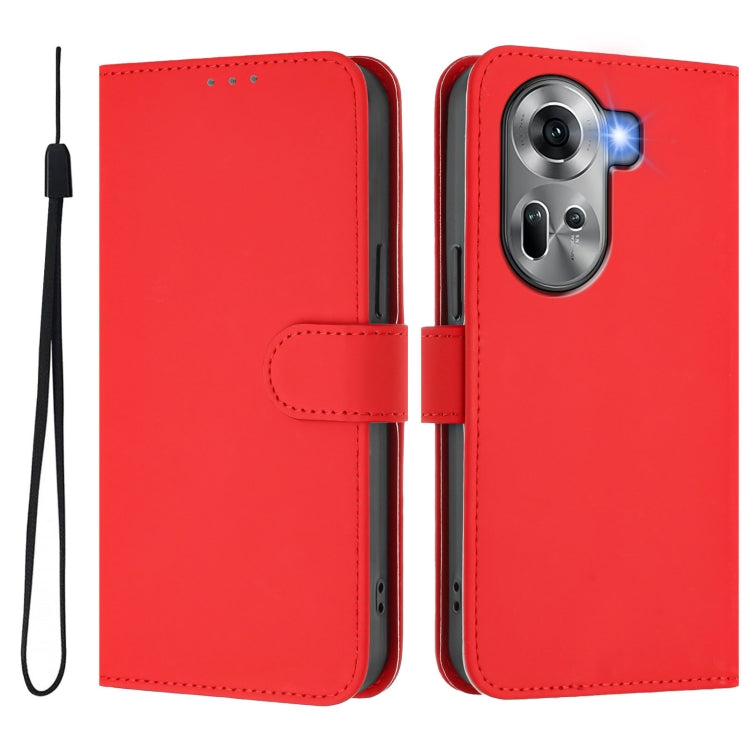For OPPO Reno11 5G Global Skin Feel Solid Color Leather Phone Case with Lanyard
