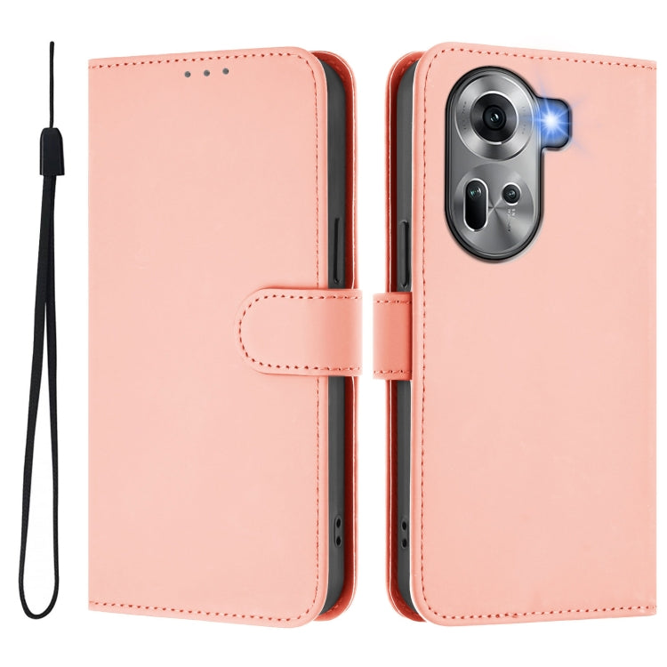 For OPPO Reno11 5G Global Skin Feel Solid Color Leather Phone Case with Lanyard