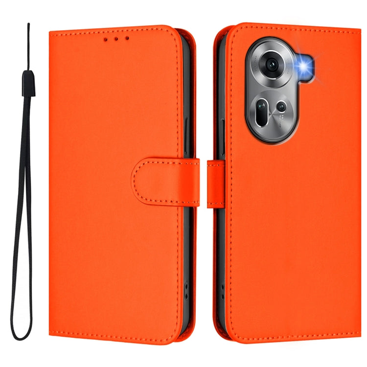 For OPPO Reno11 5G Global Skin Feel Solid Color Leather Phone Case with Lanyard