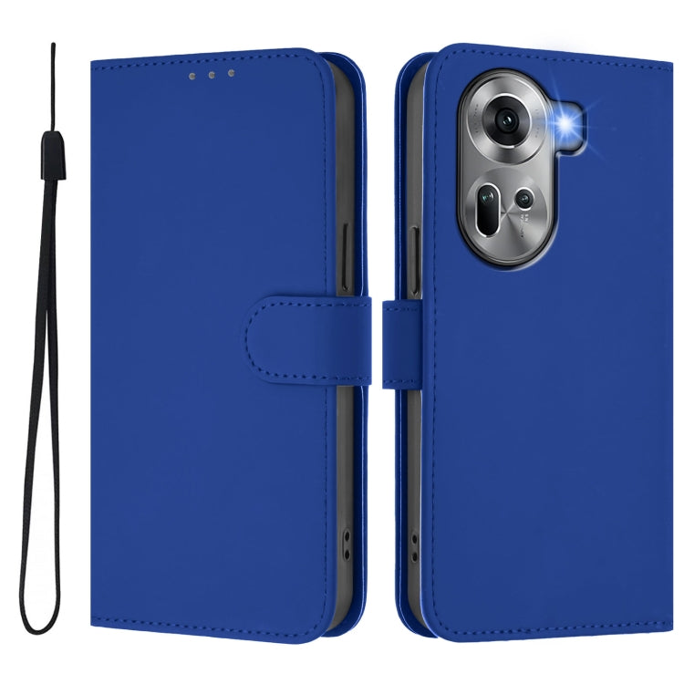 For OPPO Reno11 5G Global Skin Feel Solid Color Leather Phone Case with Lanyard
