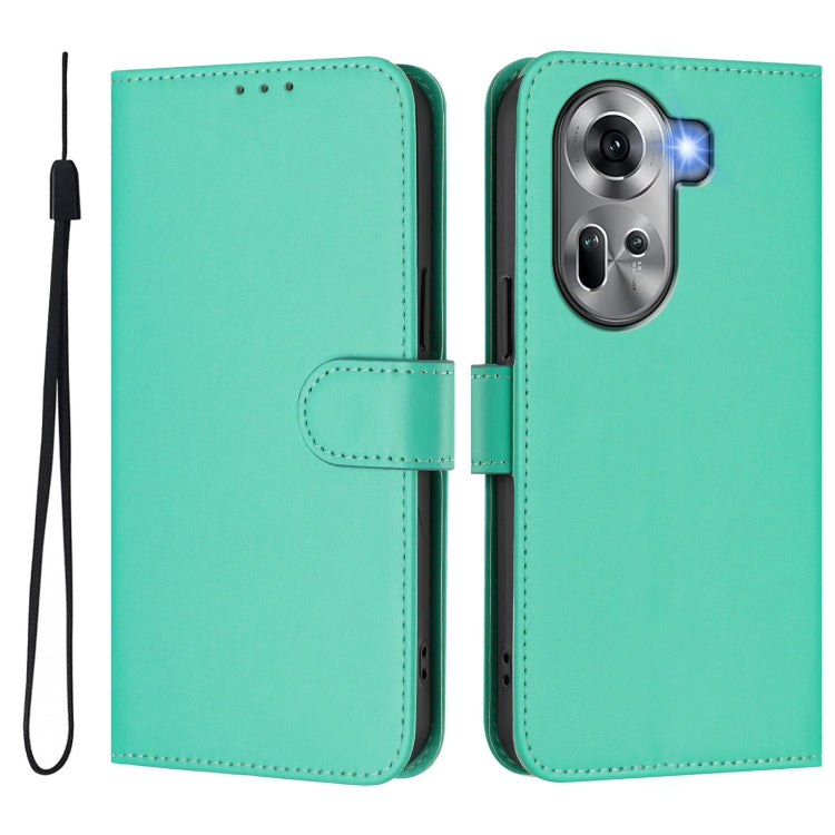 For OPPO Reno11 5G Global Skin Feel Solid Color Leather Phone Case with Lanyard