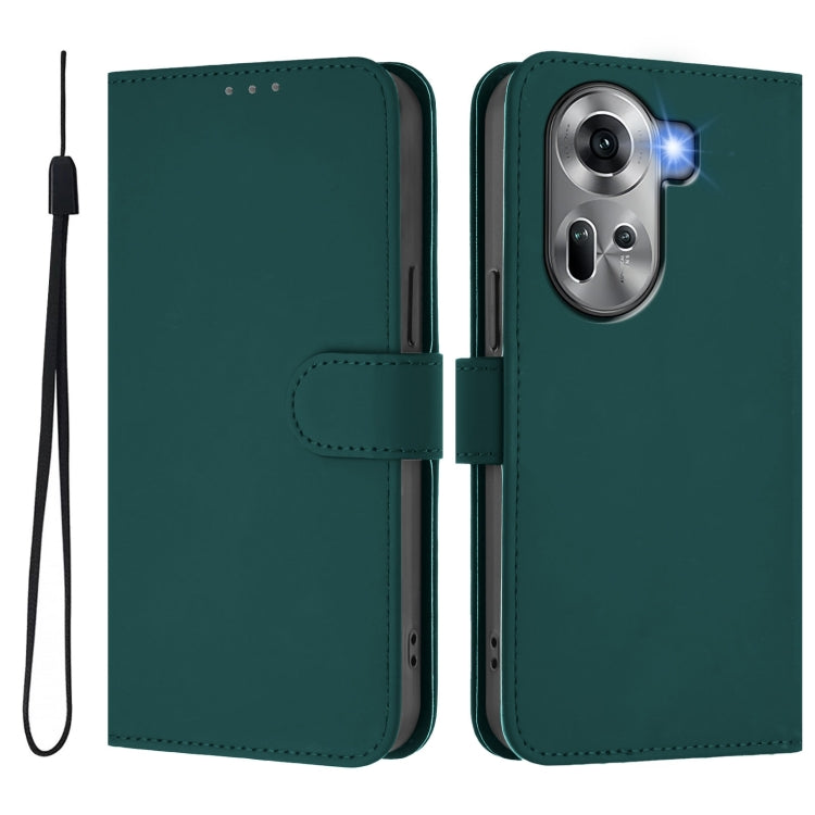 For OPPO Reno11 5G Global Skin Feel Solid Color Leather Phone Case with Lanyard