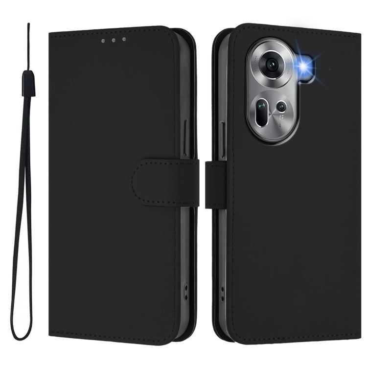 For OPPO Reno11 5G Global Skin Feel Solid Color Leather Phone Case with Lanyard