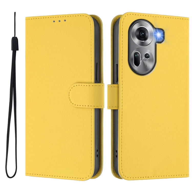 For OPPO Reno11 5G Global Skin Feel Solid Color Leather Phone Case with Lanyard