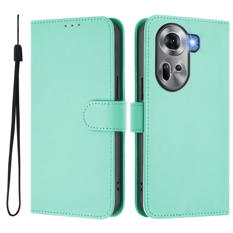 For OPPO Reno11 5G Global Skin Feel Solid Color Leather Phone Case with Lanyard
