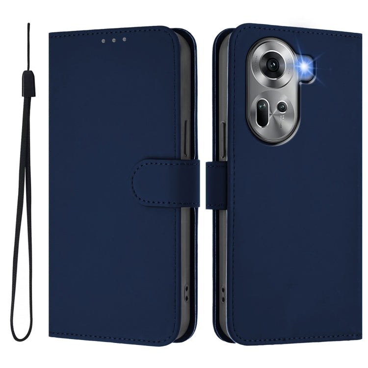 For OPPO Reno11 5G Global Skin Feel Solid Color Leather Phone Case with Lanyard