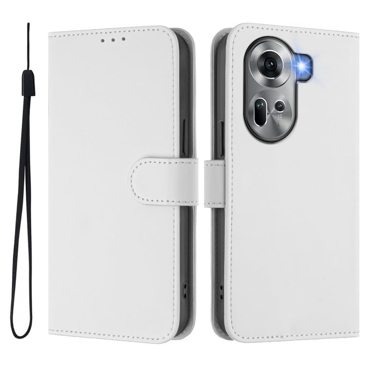 For OPPO Reno11 5G Global Skin Feel Solid Color Leather Phone Case with Lanyard