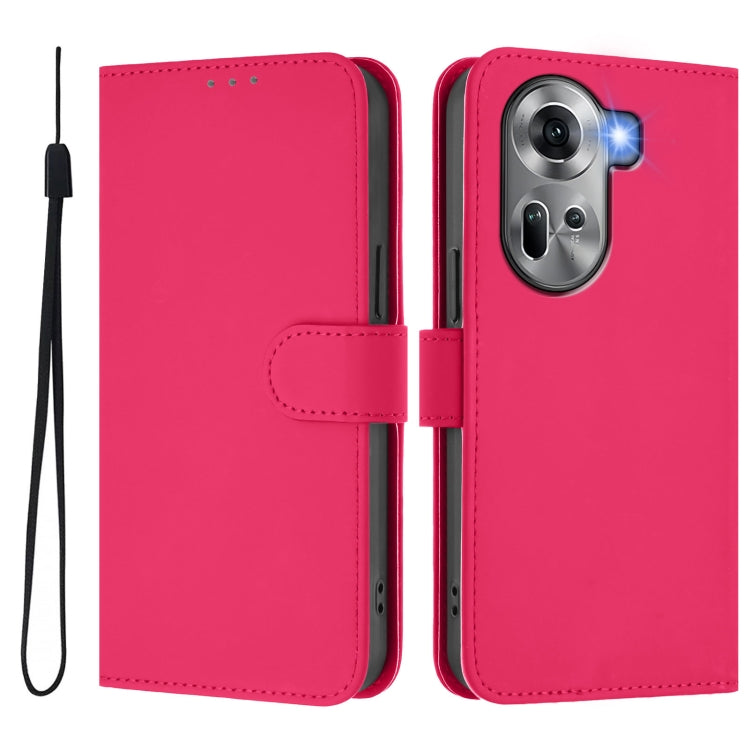 For OPPO Reno11 5G Global Skin Feel Solid Color Leather Phone Case with Lanyard