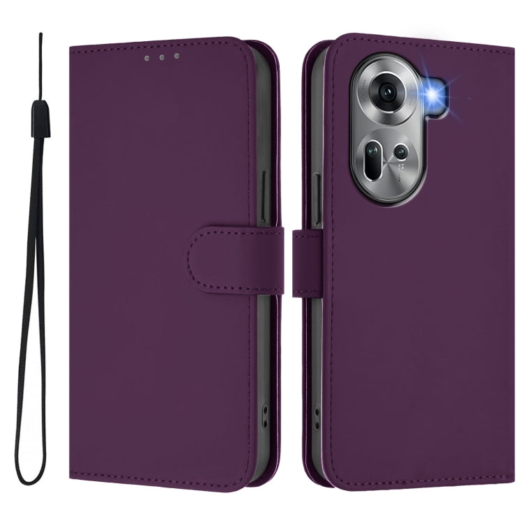 For OPPO Reno11 5G Global Skin Feel Solid Color Leather Phone Case with Lanyard