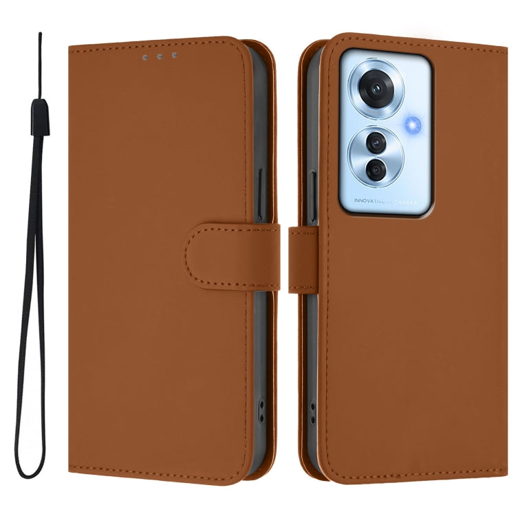 For OPPO Reno11 F 5G Global Skin Feel Solid Color Leather Phone Case with Lanyard