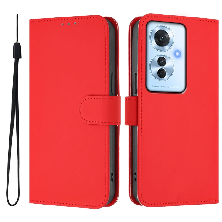 For OPPO Reno11 F 5G Global Skin Feel Solid Color Leather Phone Case with Lanyard