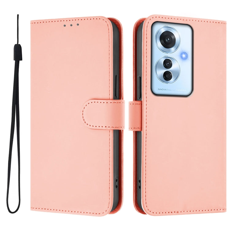 For OPPO Reno11 F 5G Global Skin Feel Solid Color Leather Phone Case with Lanyard