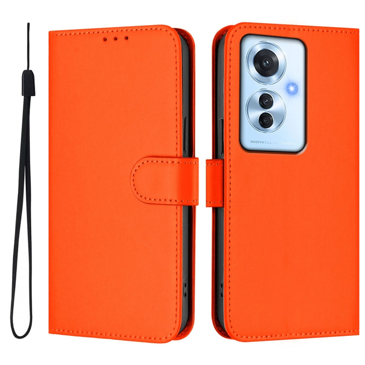 For OPPO Reno11 F 5G Global Skin Feel Solid Color Leather Phone Case with Lanyard