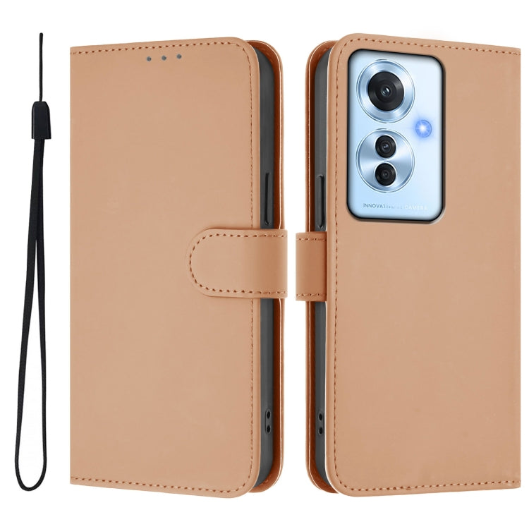 For OPPO Reno11 F 5G Global Skin Feel Solid Color Leather Phone Case with Lanyard