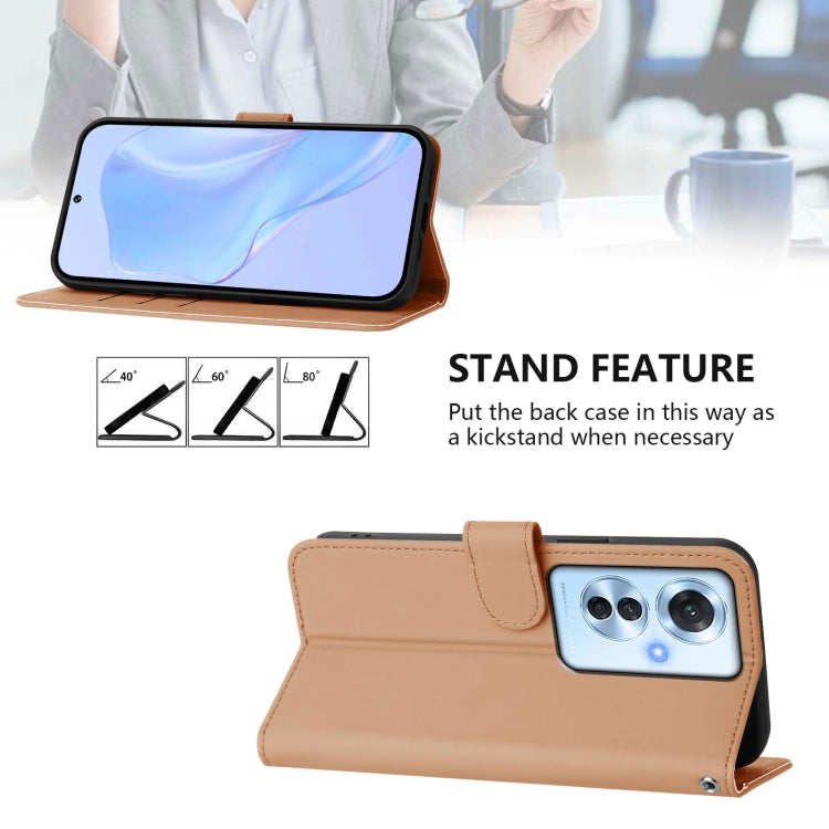 For OPPO Reno11 F 5G Global Skin Feel Solid Color Leather Phone Case with Lanyard