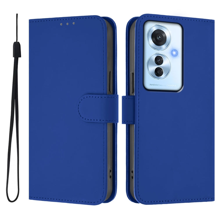 For OPPO Reno11 F 5G Global Skin Feel Solid Color Leather Phone Case with Lanyard