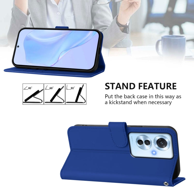 For OPPO Reno11 F 5G Global Skin Feel Solid Color Leather Phone Case with Lanyard