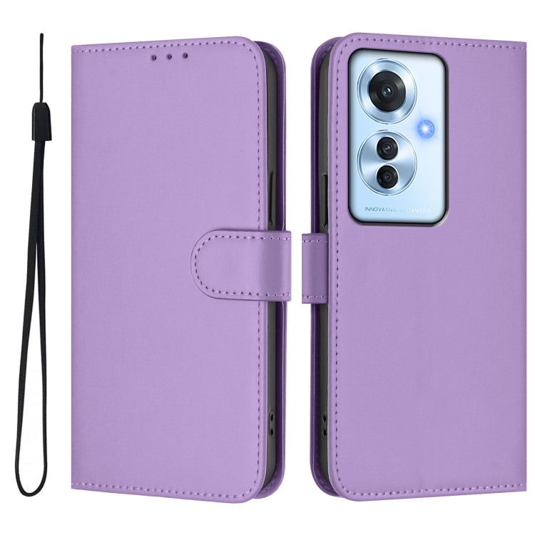 For OPPO Reno11 F 5G Global Skin Feel Solid Color Leather Phone Case with Lanyard