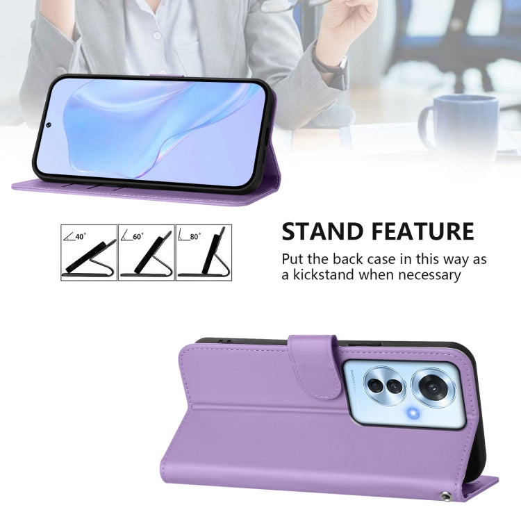 For OPPO Reno11 F 5G Global Skin Feel Solid Color Leather Phone Case with Lanyard