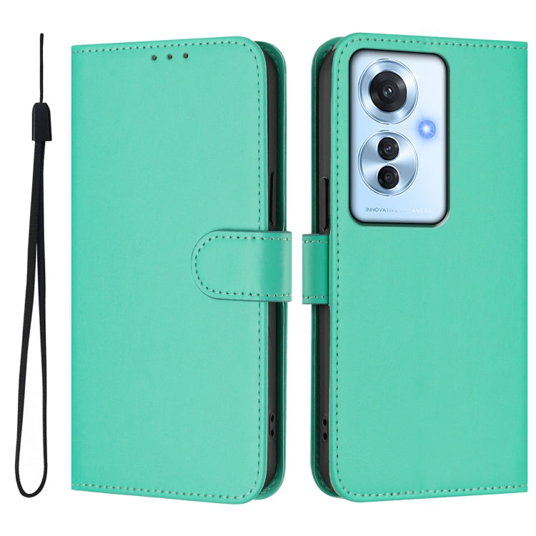 For OPPO Reno11 F 5G Global Skin Feel Solid Color Leather Phone Case with Lanyard