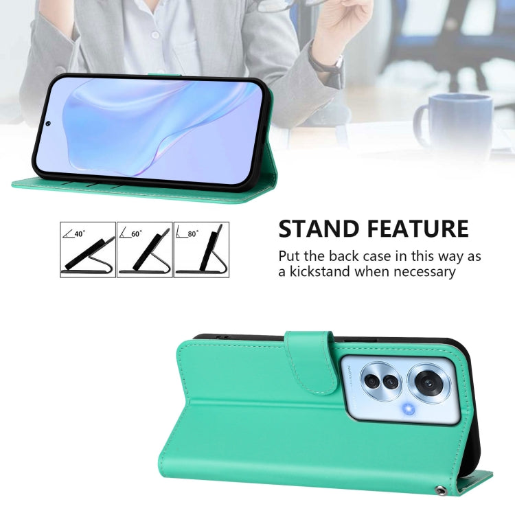 For OPPO Reno11 F 5G Global Skin Feel Solid Color Leather Phone Case with Lanyard