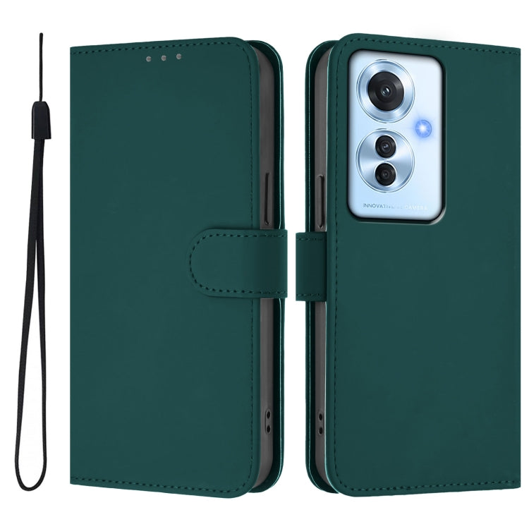 For OPPO Reno11 F 5G Global Skin Feel Solid Color Leather Phone Case with Lanyard