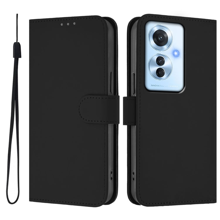For OPPO Reno11 F 5G Global Skin Feel Solid Color Leather Phone Case with Lanyard