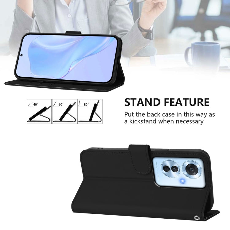 For OPPO Reno11 F 5G Global Skin Feel Solid Color Leather Phone Case with Lanyard