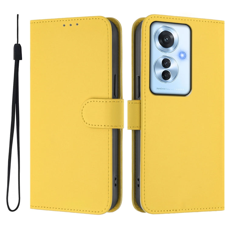 For OPPO Reno11 F 5G Global Skin Feel Solid Color Leather Phone Case with Lanyard