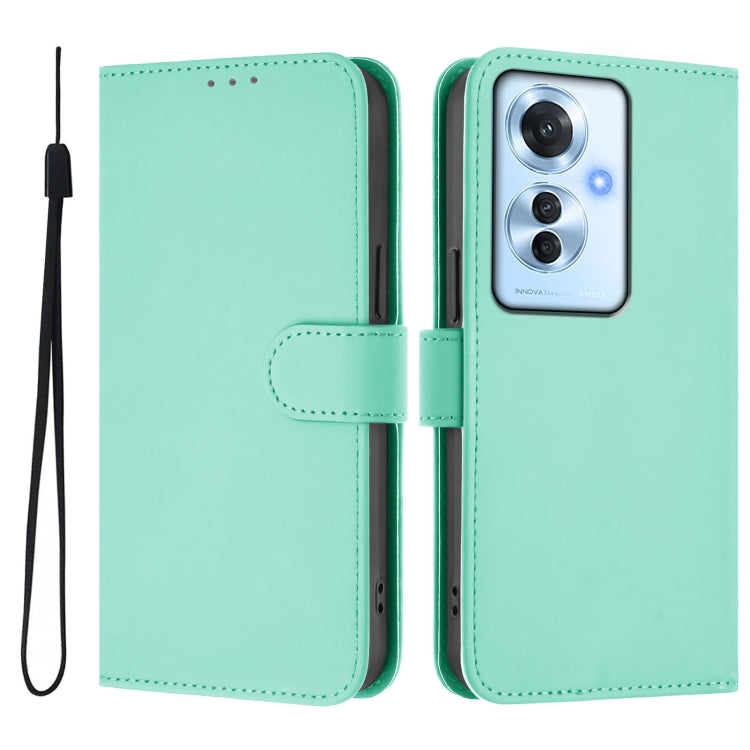 For OPPO Reno11 F 5G Global Skin Feel Solid Color Leather Phone Case with Lanyard