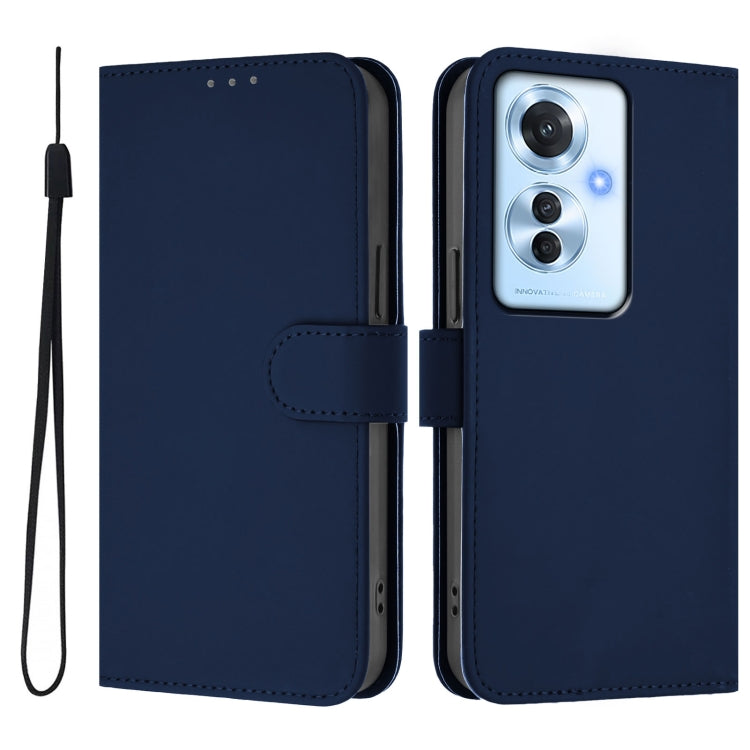For OPPO Reno11 F 5G Global Skin Feel Solid Color Leather Phone Case with Lanyard