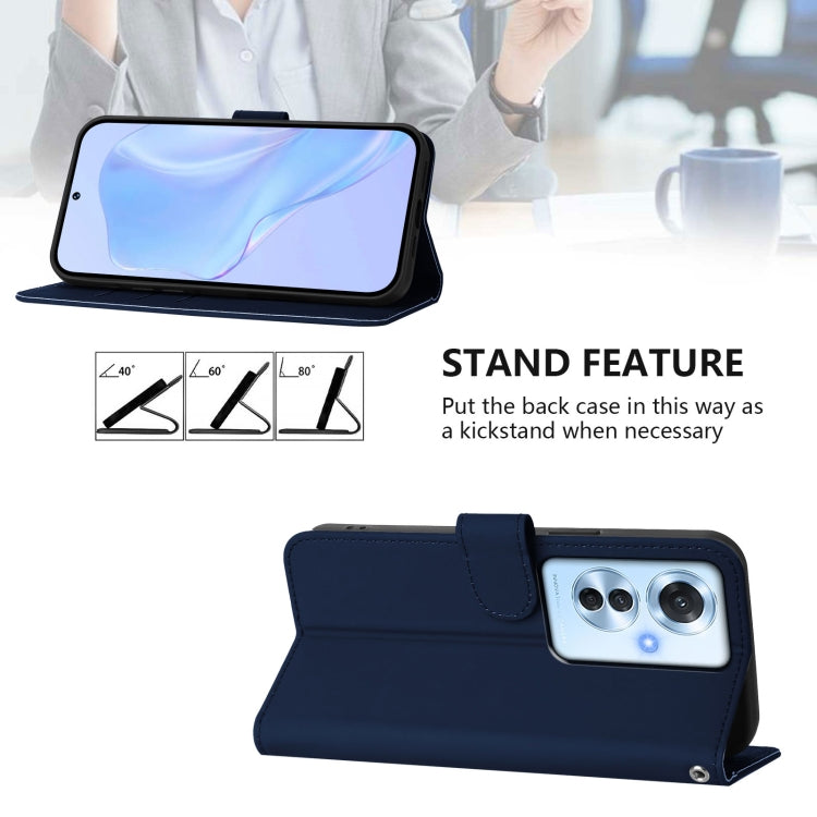 For OPPO Reno11 F 5G Global Skin Feel Solid Color Leather Phone Case with Lanyard