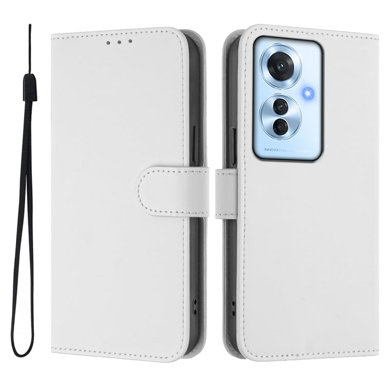 For OPPO Reno11 F 5G Global Skin Feel Solid Color Leather Phone Case with Lanyard