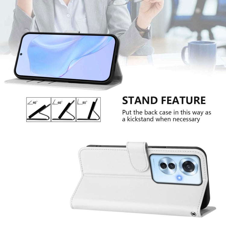 For OPPO Reno11 F 5G Global Skin Feel Solid Color Leather Phone Case with Lanyard