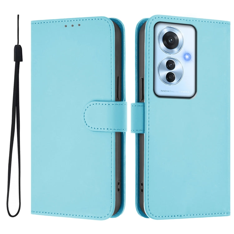 For OPPO Reno11 F 5G Global Skin Feel Solid Color Leather Phone Case with Lanyard