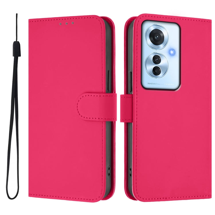 For OPPO Reno11 F 5G Global Skin Feel Solid Color Leather Phone Case with Lanyard
