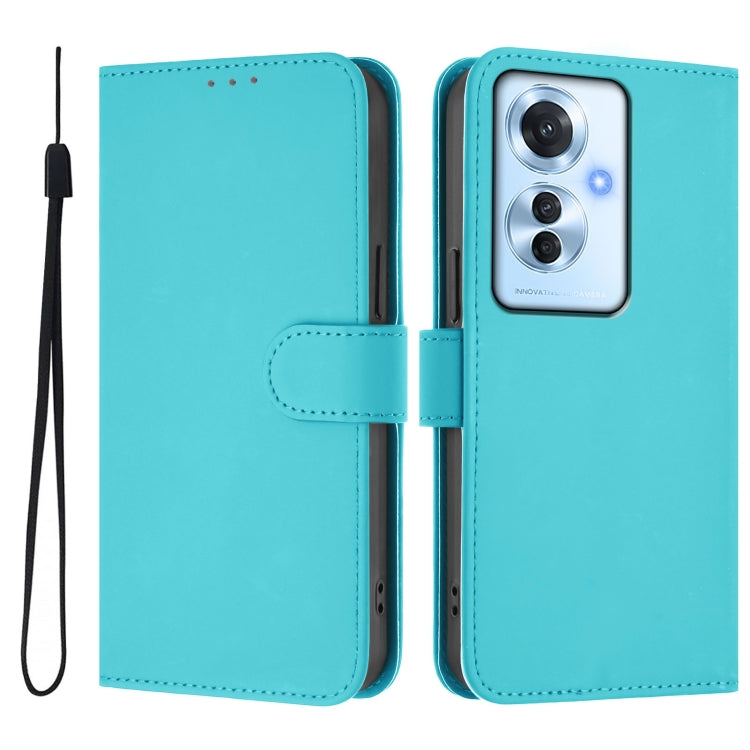 For OPPO Reno11 F 5G Global Skin Feel Solid Color Leather Phone Case with Lanyard