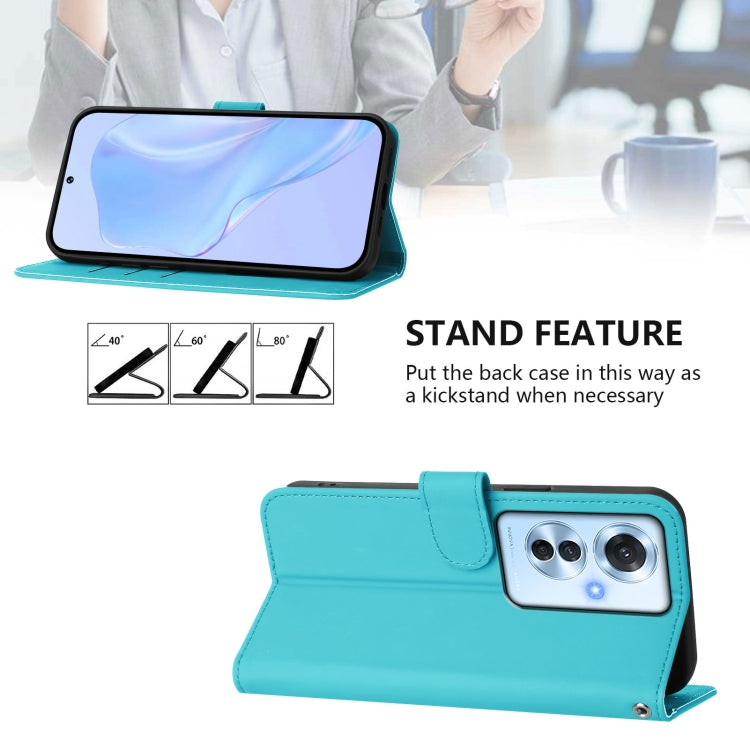 For OPPO Reno11 F 5G Global Skin Feel Solid Color Leather Phone Case with Lanyard