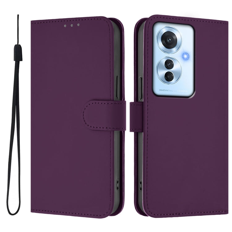 For OPPO Reno11 F 5G Global Skin Feel Solid Color Leather Phone Case with Lanyard