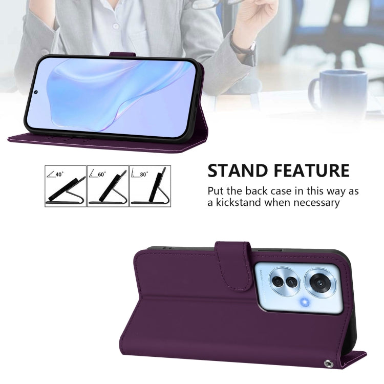 For OPPO Reno11 F 5G Global Skin Feel Solid Color Leather Phone Case with Lanyard