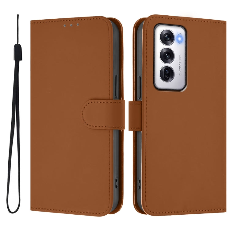 For OPPO Reno12 5G Global Skin Feel Solid Color Leather Phone Case with Lanyard